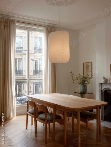 Bright Dining Area With a Modern Table and Large Window in a Cozy Urban Apart...