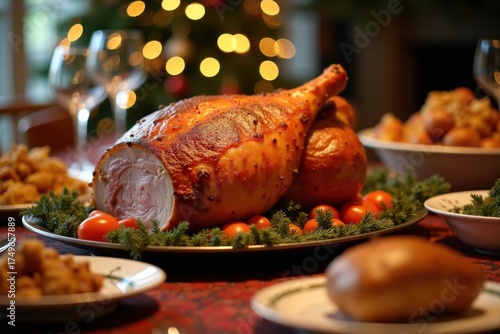 A roasted pork shoulder with crispy golden skin is the centerpiece on a large platter. The festive Christmas table is filled with side dishes and blurred, twinkling lights