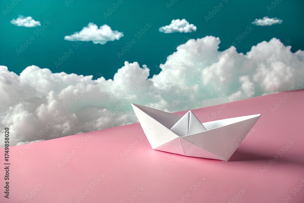 Obraz premium White Paper Boat on Pink Surface with Cloudy Sky Dreamy Atmosphere