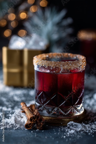 Festive Red Cocktail Garnished With Cinnamon and Sugar Served in a Decorative...