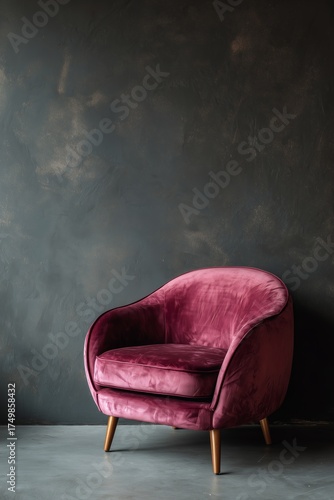 Stylish Pink Velvet Chair Against Textured Dark Wall in Modern Interior Design Setting