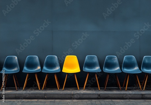Bright Yellow Chair Stands out Among Blue Chairs Against Dark Wall in Urban S...