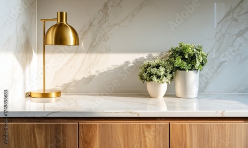 Stylish Interior Design Featuring Plants and a Modern Lamp on a Marble Counte...