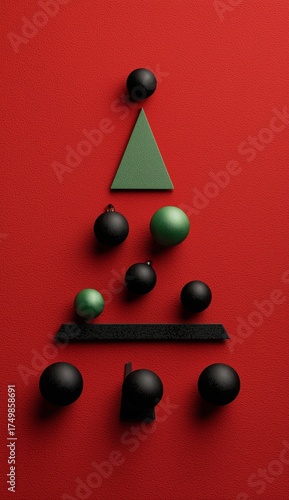 Green Paper Christmas Tree With Colorful Ornaments Arranged on a Red Background
