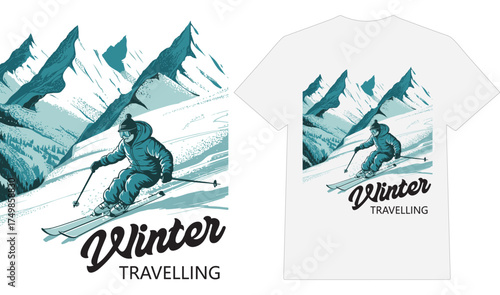 Winter Travelling Skiing T-Shirt Design with Mountain Landscape Illustration