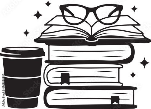 Reading Corner Icon SVG Stack of Books Coffee & Glasses for Study Clipart