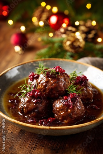 Delicious Meatballs in Rich Sauce Garnished With Fresh Herbs and Cranberries ...