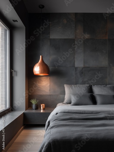 Modern Bedroom Design With Dark Tones and Industrial Style Lighting in Urban ...