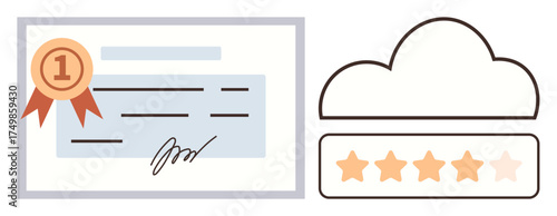 Certificate with ribbon, signed for recognition, beside cloud and five-star rating. Ideal for achievement, quality assurance, education, certification, recognition excellence awards. Simple flat