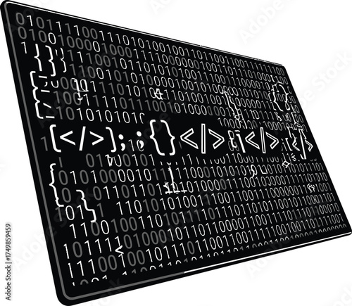 Abstract digital background featuring binary code and programming symbols, creating a futuristic and technological aesthetic, suitable for illustrating concepts related to data, coding, and innovation