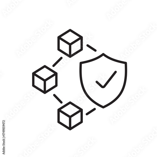 A vector icon of a digital seal or badge with blockchain checkmark, symbolizing authenticity verification, created in line style with editable stroke