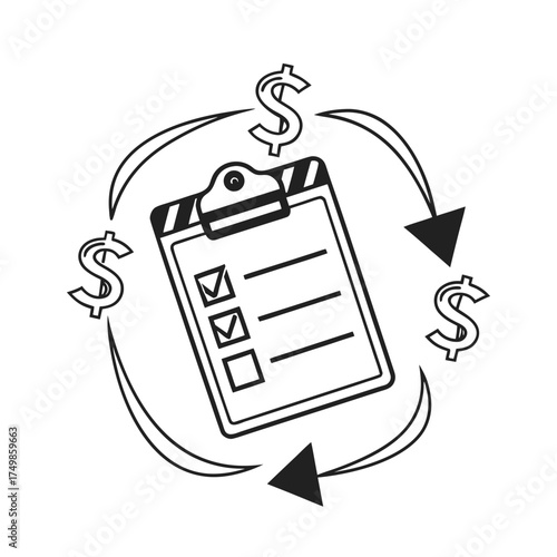 Business financial task management system with a checklist, currency symbols, and arrows in a cyclical flow, illustrating efficient economic operations and strategic monetary processes