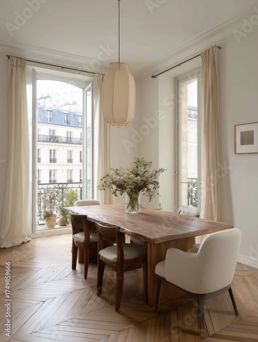 Bright Dining Area With a Modern Table and Large Window in a Cozy Urban Apart...
