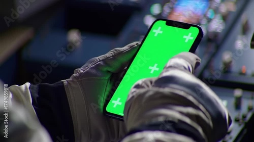 Pilot or Astronaut in Cockpit Holding Smartphone with Green Screen Display