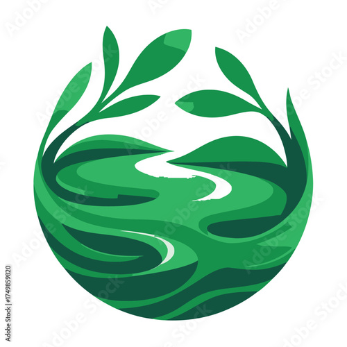 Green Landscape River Graphic in Circular Frame Vector Nature Environment Illustration