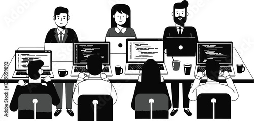 Illustration of a diverse team of software developers working on coding projects at their desks, symbolizing collaboration and productivity in a modern tech environment isolated on white background