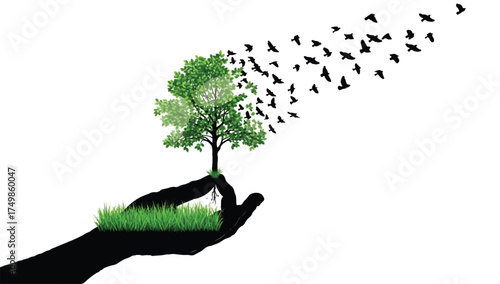 Green vector tree silhouette design with leaf and branch represents nature, growth, and ecology as an icon or symbol