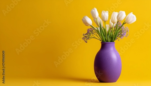Bright Purple Vase Holds White Tulips and Purple Flowers Against a Sunny Yell...