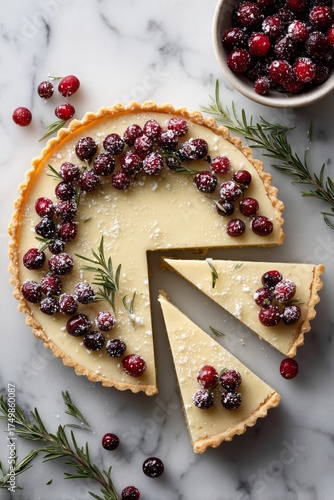 Delicious Cranberry Tart With Rosemary on Marble Countertop for a Festive Des...