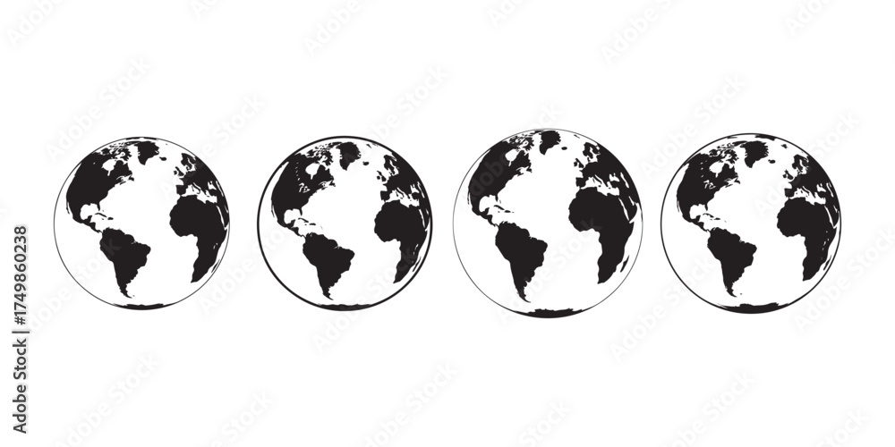 Obraz premium Set of Earth globes showing different continents in black and white