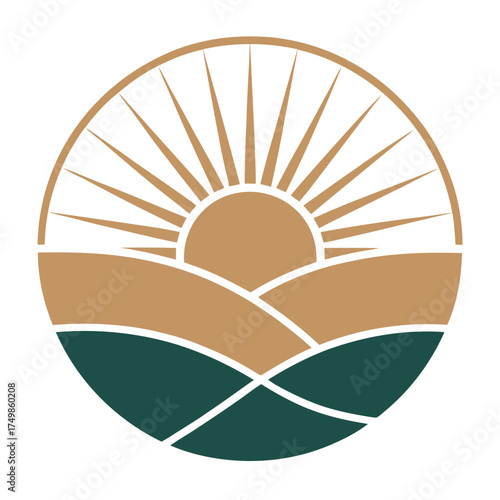 Minimalist Sun and Hills Landscape Circular Logo Design Vector Graphic