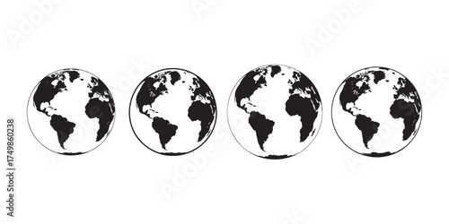 Set of Earth globes showing different continents in black and white