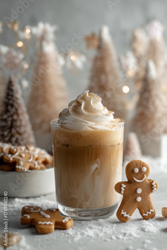 Warm Coffee With Creamy Topping and Gingerbread Cookie During Holiday Season