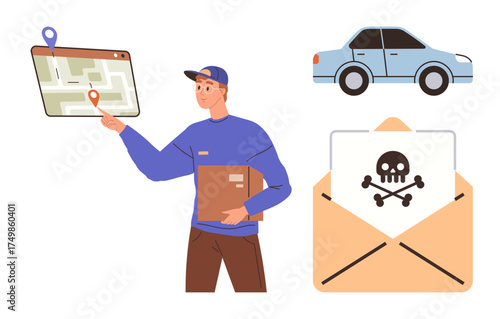 Courier holding a package points at a map, blue car icon and envelope with skull symbol. Ideal for logistics, delivery service, navigation, cybersecurity, online scams, email risks, simple flat