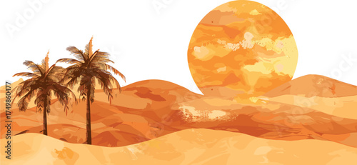 A glowing desert sunset illustration featuring two palm trees against rolling golden dunes and a radiant orange sun, rendered in warm watercolor textures and soft layered tones.