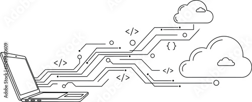 Laptop connected to cloud service with code elements isolated on white background concept of cloud computing, data storage, software development, and remote access to digital resources