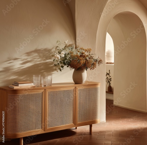 Elegant Wooden Cabinet Adorned With Flowers in a Minimalistic Interior Setting