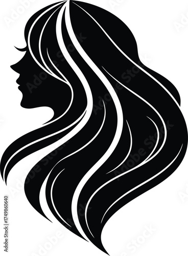 Black silhouette of a womans profile featuring beautifully styled long flowing hair on a white background