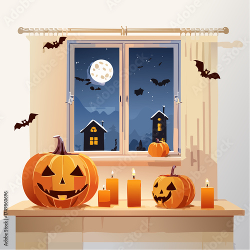 Halloween night scene with glowing jack-o'-lanterns and candles on a windowsill looking out at a full moon and bats
