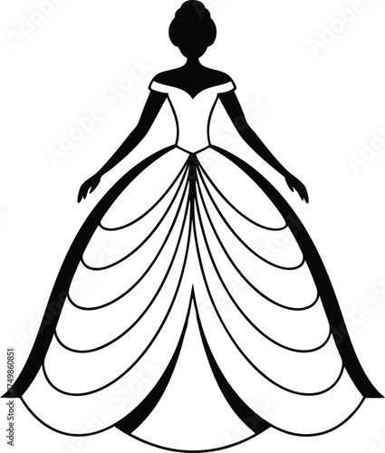 An elegant black silhouette of a woman wearing a grand ball gown with detailed skirt layers