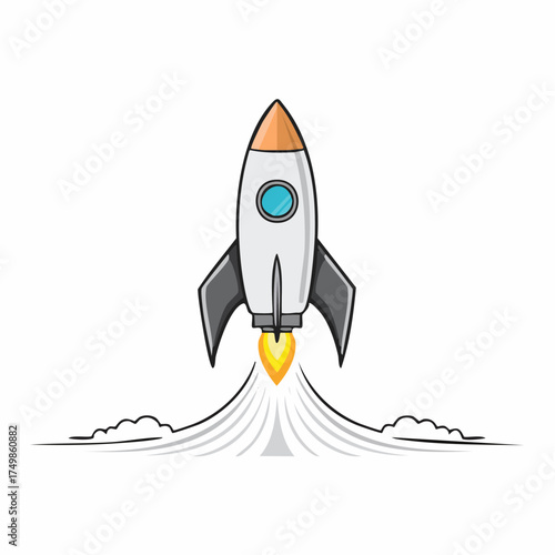 Cartoon rocket ship launching upward against a white background