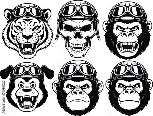 Cartoon Animals Wearing Helmets and Goggles Black and White Collection