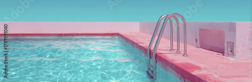 Sunny Pool Scene With Clear Blue Water and a Pink Wall During Daylight Hours