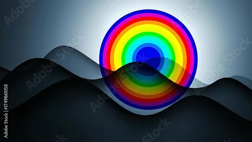 Abstract Rainbow Circle with Wavy Dark Lines.