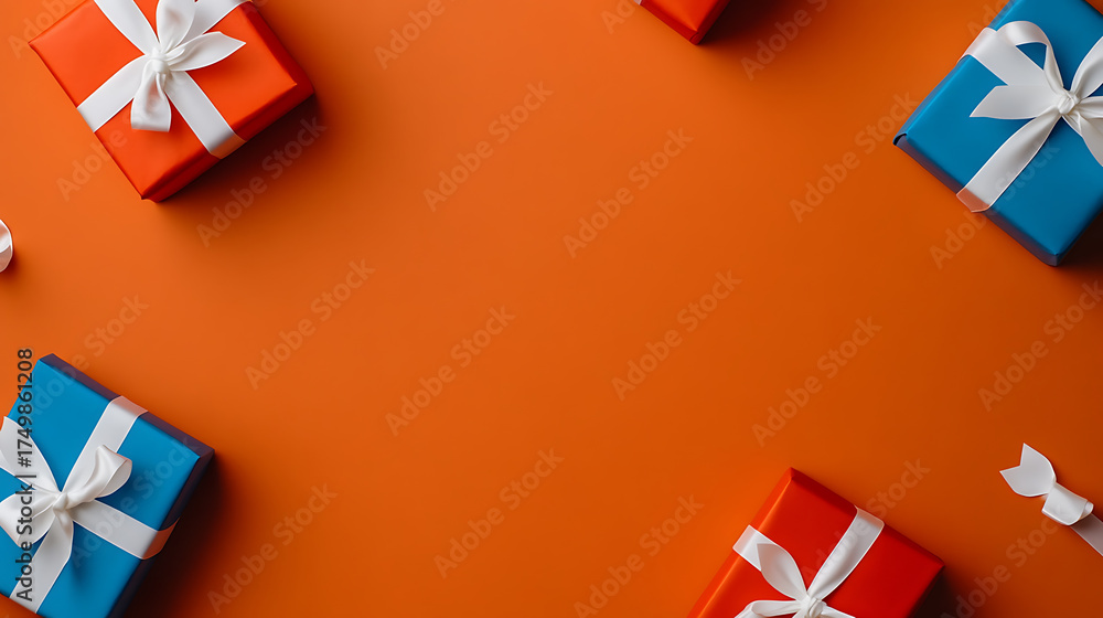 Obraz premium Gifts on Orange: A vibrant spread of wrapped presents in blue and red with white ribbons creates a festive, eye-catching arrangement on a bright orange backdrop.