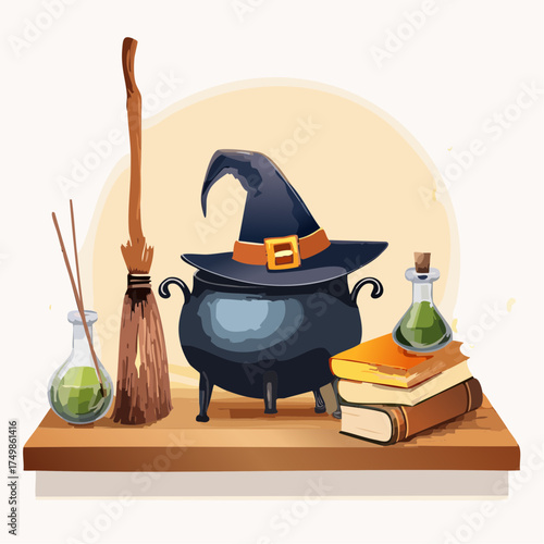 Watercolor illustration of a witch's magical essentials, with a cauldron, hat, broomstick, and ancient spellbooks on a shelf