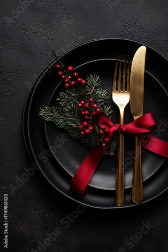 Elegant Christmas Table Setting With Black Plates and Golden Cutlery Adorned ...