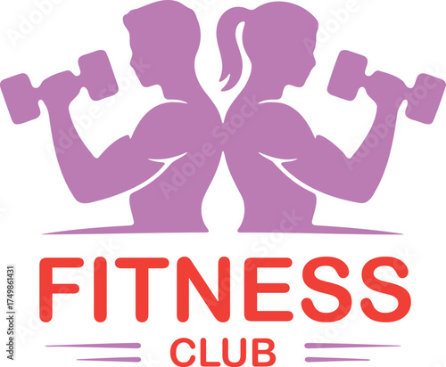 Modern fitness club logo design featuring silhouettes lifting dumbbells for health and wellness