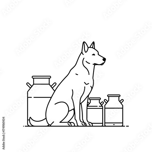A dog guards milk jugs. This vector black and white outline icon on a transparent background is from the "Dairy Farm Icons" series.