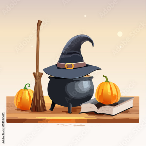Halloween scene featuring a witch's pointed hat, bubbling cauldron, rustic broom, and vibrant autumn pumpkins displayed with a magical spellbook, perfect for spooky season and mystical themes