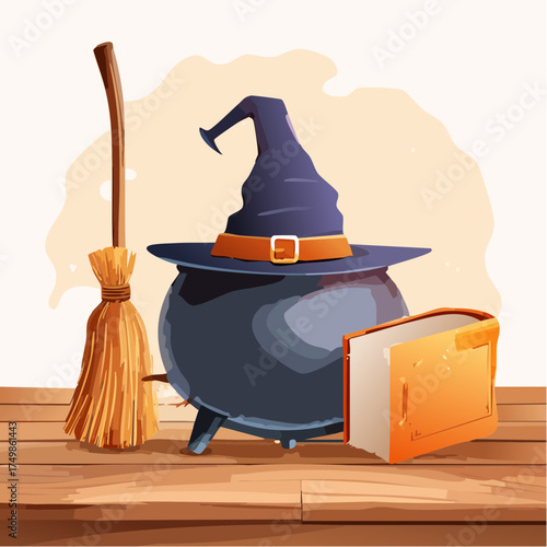 A classic witch's setup featuring a cauldron, pointed hat, broomstick, and spellbook for a magical Halloween celebration