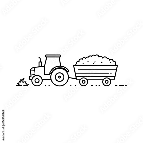 An illustration of a tractor pulling a trailer with hay. Vector black and white outline icon on a transparent background from the "Dairy Farm Icons" series. 