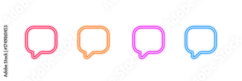 Neon glowing chat bubble vector icons set, communication, message, speech, dialogue, social media, online talk, vibrant digital design illustration on dark background.