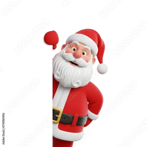 Jolly 3D Santa Claus Peeking from Blank White Sign, Pointing & Smiling for Christmas Message