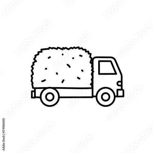 Hay truck transporting large load of hay bales. Vector black and white outline icon on a transparent background is from the "Dairy Farm Icons" series.