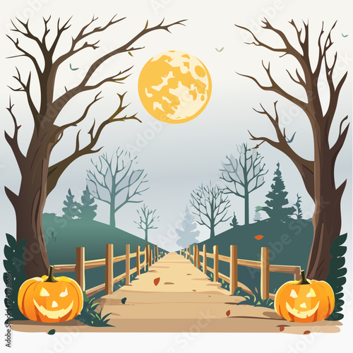 Eerie Halloween landscape featuring carved pumpkins on a wooden path, bare trees, and a glowing full moon in a foggy night sky